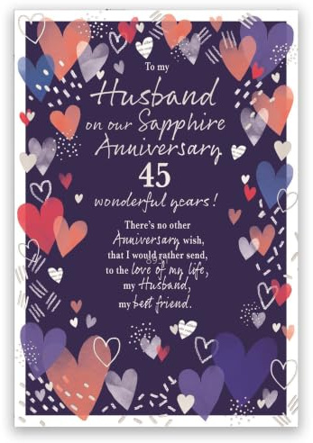 IC&G 45th Anniversary Card for Husband, Romantic Love Hearts Design | Sapphire Wedding Anniversary, Heartfelt Verse, Embossed Foil Finish, Illustrated Insert Leaf, Eco-Friendly, Made in the UK