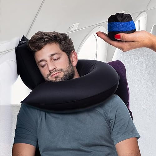 CANDY CANE Reisekissen aufblasbar, innovatives Design, Nacken- und Kinnstütze für Flugzeuge, Auto und Zuhause, kompakte Tragetasche, Handwäsche, Strumpffüller (blau)