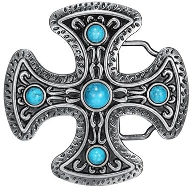 BOBIJOO Jewelry - Gürtelschnalle American Kreuz Pattée Templer Türkis, USA, Dornschließe Metall-Biker Gürtel