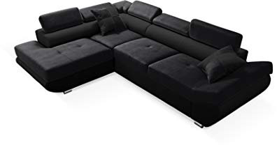Robin Saturn Ecksofa mit Schlaffunktion Bettkasten 5 Verstellbare Kopfstützen 2 Kissen Sofa L-Form Schlafsofa Freistehende Eckcouch Schlafcouch Wohnzimmermöbel Wohnlandschaft Links Schwarz