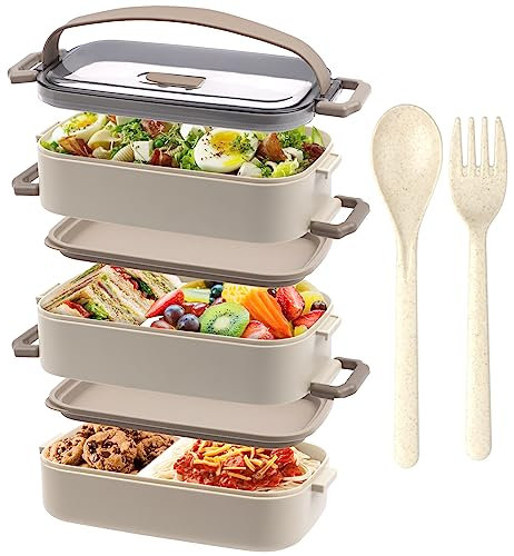OITUGG Lunch Box - Premium 3 Layer Bento Lunch Box for Adults Work - 2200ml Lunchbox with Cutlery and 3 Pcs Compartment Adjustable, Leak-Proof, BPA-Free, Microwaveable, 19.5 x 11.2 x 15cm, Beige