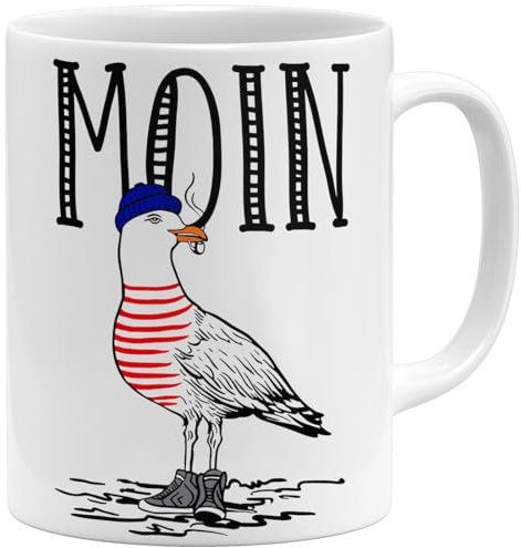 OM3® Seemöwe Moin Kaffee-Tasse mit Spruch - Guten Morgen Möwe II - Keramik Becher - 11oz 325ml - Beidseitig Bedruckt - Weiss