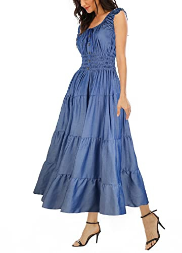 OSTOO Vestido Largo de Verano para Mujer, Estilo Bohemio, con Estampado Floral, Escalonado, Casual, con Vuelo, Azul, (Deep Blue Denim), XL