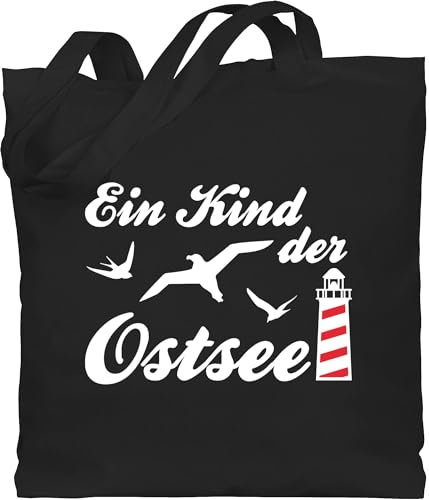 Baumwolltasche - Sprüche Statement - Kind der Ostsee Leuchtturm weiß - Unisize - Schwarz - souvenir mit aufschrift stoffbeutel statements stofftasche spruch jutebeutel spruche tasche sprüchen