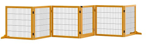 PawHut Cancelletto per Cani di Piccola/Media Taglia a 6 Pannelli Pieghevoli, Cancelletto di Sicurezza in Legno e Acciaio, 432x36x70 cm, Giallo