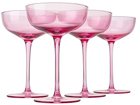 The Wine Savant Pink Colored Martini, Champagne and Cocktail Coupe Glass | 7oz | Set of 4 Colorful Gifts Champagne & Glasses, Fancy Manhattan, Crystal Cocktails Barware Gifts (Blush Pink)