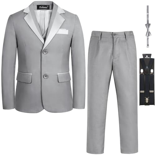 LOLANTA Boys Page Boy Suit Tuxedo - Formal Slim Fit Suit for Weddings, Christenings & Parties, 5 Piece Set Includes Blazer Waistcoat Trousers Bow Tie Braces(13-14 Years, Grey,Tag 170)