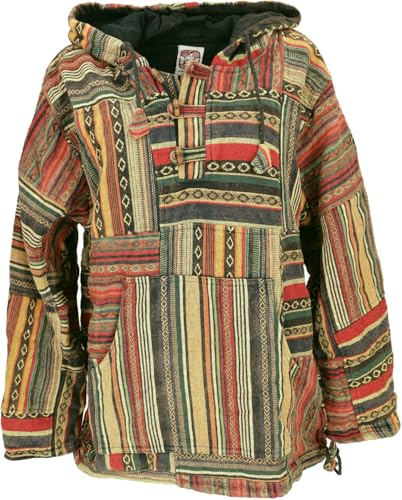GURU SHOP Goa Kapuzenshirt, Stonewash Patchwork Baja Hoody, Baumwolle | Kapuzenpulli im Ethno-Look, natürliche Holzknöpfe, Kängurutaschen, kuschelig warmes Innenfutter, normaler Schnitt