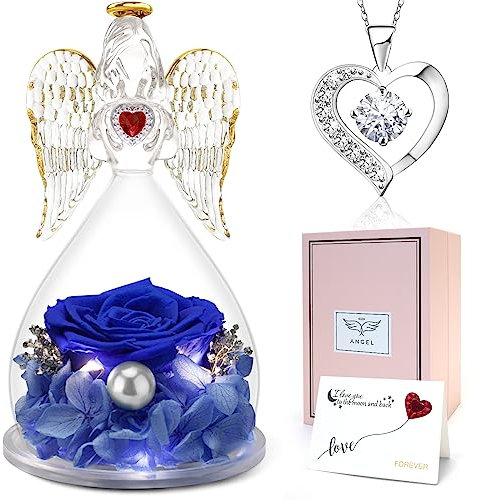 Sunia Rosa Eterna con Collana a Cuore,Angelo di Vetro con Luci LED, Rosa Stabilizzata Vera Regalo Festa della Mamma,Regalo Mamma Nonna Moglie Fidanzata Anniversario Compleanno Valentine Regali per Lei