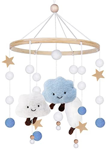 Vegena Mobile Baby Windspiele mit Filzbällen - 3D Wolken Mobile Windspiel, Mobile Baby Holz Mobile Baby Jungen Mädchen Kinderzimmer Hängende Bettglocke Anhänger für Babybett Wickeltisch Deko (Blau)