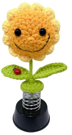 JOPOYOCO Accessoires de voiture en forme de tournesol tricotés faits à la main, décorations de tableau de bord, gadgets de tournesol au crochet, décoration de voiture pour femmes et filles,