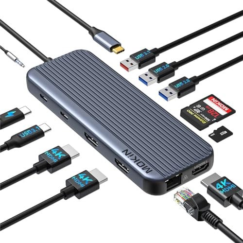 USB C Docking Station 3 HDMI, 12 in 1 Triple Monitor Display, Laptop Docking Station Dual Monitor Laptop Dock 3 HDMI Adapter with USB A/C 3.1, 100W PD, Ethernet, Audio, SD/TF for Dell HP ASUS