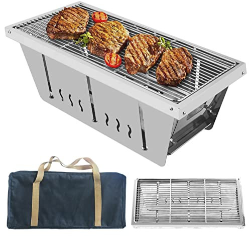 Irishom Parrilla de carbón portátil, Mini Parrilla de Barbacoa para balcón, hogar y Exterior, Ajustable, Ultraligera, Plegable, de Viaje, 16 '', Segundos en la Parrilla