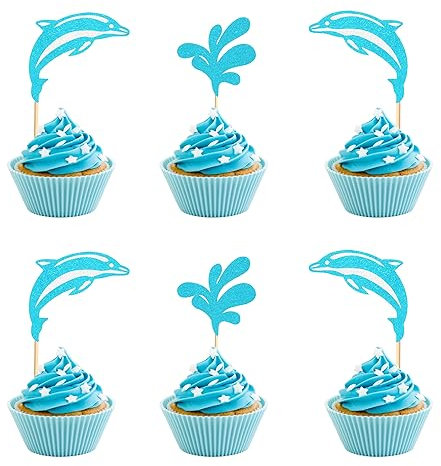 Arthsdite 24 Stück Delfin-Cupcake-Topper unter dem Meer Thema Cupcake Picks Ozean Tier Baby Shower Kinder Geburtstag Party Kuchen Dekorationen Supplies – Blau Glitzer