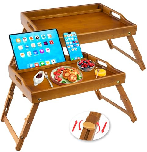 Greenual Paquete de 2 bandejas de cama con asas, patas plegables, bandeja de bambú para desayuno con ranura para medios, uso como plato, escritorio para laptop, aperitivos, bandeja de TV de cocina