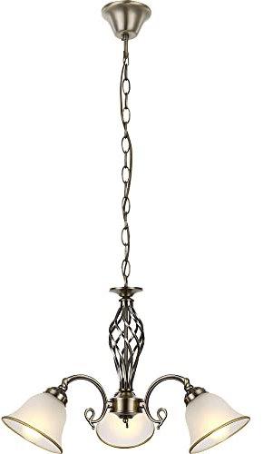 Hängelampe Hängeleuchte Kronleuchter Glasleuchte Esszimmer Lampe Altmessing, Glas, 3 flammig, 3x E27 Fassungen, DxH 60x120 cm