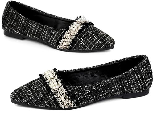 Perphy Pearl Decor Ballerinas für Damen, spitzer Zehenbereich, Tweed, kariert, Schwarz, 38.5 EU