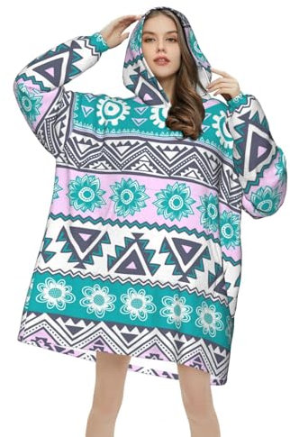 Fashion Bohemian Print Wearable Blanket Hoodie, Flanell Hooded Blankets Oversized Pullover Sweatshirt Blanket, mehrfarbig, 320g flannel