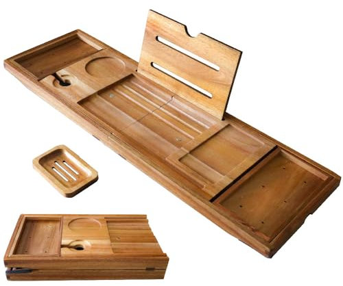 XcE Bandeja plegable para bañera expandible hasta 105 cm para baño de lujo, bandeja de baño para bañera (madera de acacia)