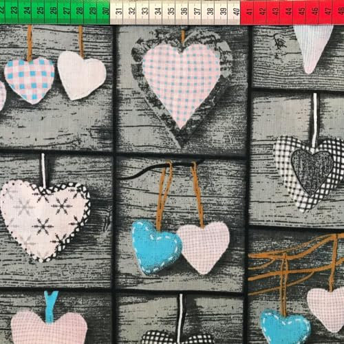 Textrend Baumwollstoff Stoffe Meterware - Stoff zum Nähen - 100% Baumwolle - Baumwollstoff mit Herzen - Textilien 1x1.6m (Herzen in Türkis-Rosa auf einer grauen Tafel)