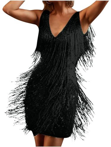 Generic Damen 20er Jahre Pailletten Fransenkleid Spaghettiträger Sexy Kurz Latein Tanzkleid - Schwarz, Größe 36 (DE)