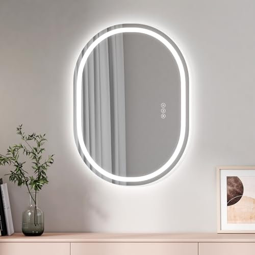 EMKE Badspiegel mit Beleuchtung 60x80cm Oval Spiegel mit Touch-Schalter/3 Lichtfarbe Dimmbar/Antibeschlag/Speicherfunktion/3 Stunden automatische Abschaltung Badezimmerspiegel mit Beleuchtung