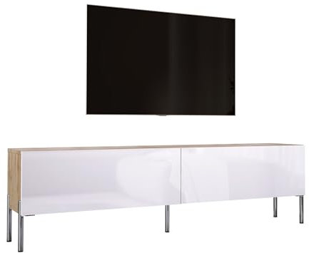 Meuble TV Bas Moderne - Chêne wotan/Blanc Brillant/Pieds Chromés - 170x52x32 cm