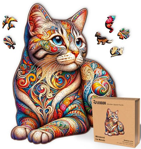 LEOGOR Whiskered Cat Mosaic – Holzpuzzle Erwachsene Katze, 200 Teile – 27,1 × 35,1 cm – 5 mm Dickes Holz, handgeformte Teile, Tierförmiges Mosaikdesign – Magisches Holz Puzzle für Puzzle-Liebhaber