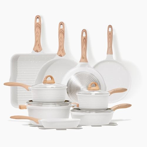 JEETEE Essential Pot Sets Juego de Sartenes 23 piezas, Juego de ollas y sartenes de granito antiadherente, Juego de ollas de inducción, Juego de ollas de cocción con tapa, Beige