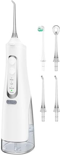 Jet Dentaire Hydropulseur Portable, Jet Dentaire Sans Fil Rechargeable avec 4 Modes Capacité de 310 ml IPX7 Étanche 60 Jours d'Autonomie Pour Maison et Voyage (Blanc)
