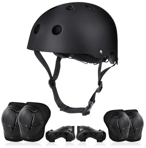 flintronic 7PCS Casco y Protecciones Ajustable Infantiles Set, Conjuntos de Patinajes Niños Protecciones, Set Rodilleras Casco, Coderas y Muñequeras para Niños de 2 a 13 Años - S Negro