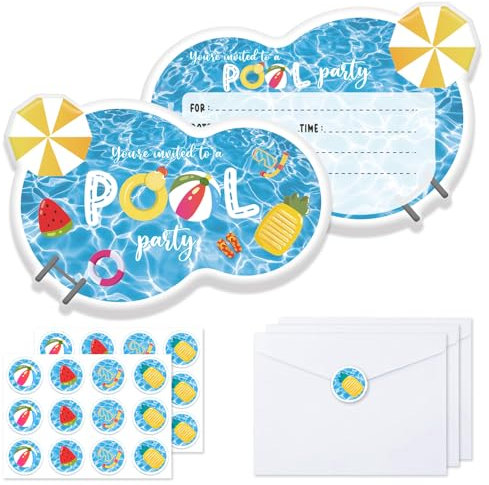 IHCEMIH 24 Stück Party-Einladungen für Kinder, Geburtstagseinladungen für Mädchen, Pool-Party, Einladungskarten mit 24 passenden Umschlägen, Aufklebern für Kinder, Jungen, Mädchen