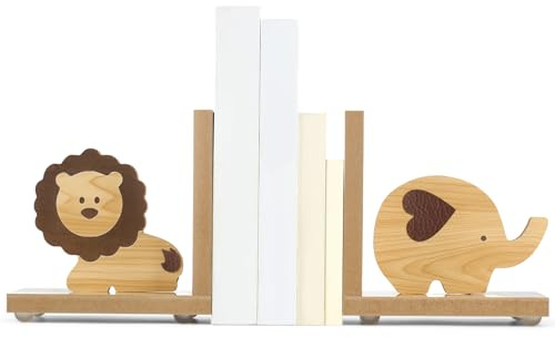 Harloon 2 x Buchstützen aus Holz, niedliche Safari-Dekoration, Löwe | Safari-Design mit Naturholz, stabile Basis für die Organisation von Büchern auf Bücherregalen, dekorativer