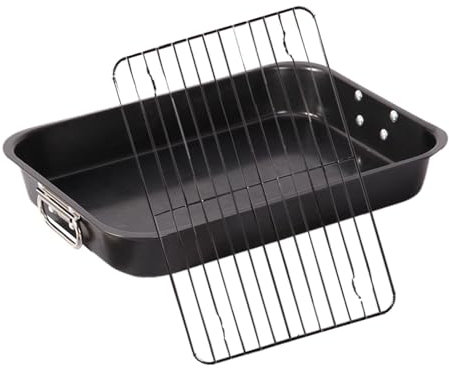 Grilltabletts, Grillbleche, antihaftbeschichtete Grillschalen, Ovenware Emaille-Grillschale mit Gestell und Griff, Antihaftbeschichtung, 35 x 25 x 5 cm, schwarz, gut zum Kochen