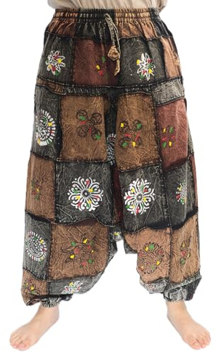 Generico Pantaloni Larghi in Cotone Lavato con Pietra, Harem, Cintura Elastica, Stampa a Blocchi, Stile Boho Unisex Aladino (IT, Testo, Taglia Unica, Regular, Regular, caffè)