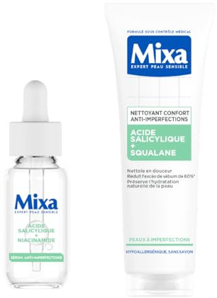 Mixa Anti-Unreinheiten Gesichtspflege- und Reinigungsduo: Salicysäure & Niancinamid Serum 30ml gegen Unreine Haut + Cleanser für zu unreinheiten neidgende Haut 150ml