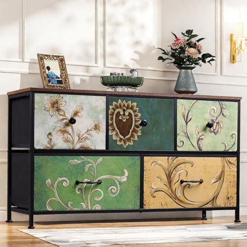 DADEA Kommode mit 5 Schubladen, Boho-Stil, Schublade mit Holzplatte, bunt, Aufbewahrungsmöbel, Kommode Bunt, Schlafzimmer, Metallstruktur, Schubladenschrank, Kommode Mit Schubladen, Kommode Vintage
