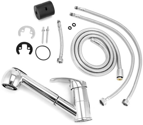 QWORK® Rubinetto per Cucina con Doccetta Estraibile, Girevole a 360°, 2 Tipi di Getto, Lega di Zinco Cromata