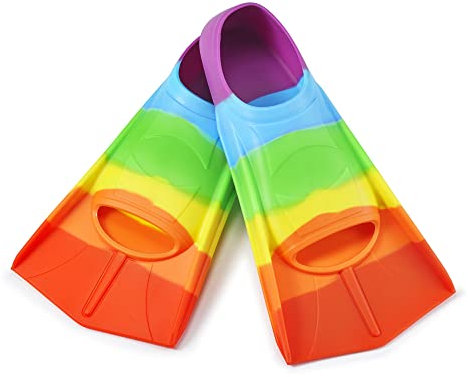 Schwimmflossen Kinder, 100% Silikon Kurzflossen, Taucherflossen Regenbogen Flossen für Kinder Erwachsene Männer Frauen Schwimmen Tauchen (Regenbogen, XS)