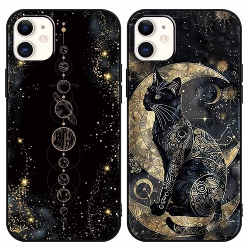 Yimctoie 2 Stück Handyhülle für iPhone 12 mini 5.4,Aesthetic Gold Mond Cat Tarotkarten Muster Hülle,Kreativität Ästhetik Schwarze Katze Case,Schutzhülle Silikon Bumper Stoßfeste Cover