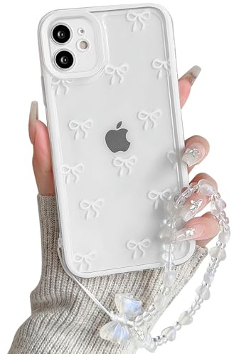 NITITOP for iPhone 12 Case Cute Clear Bow Chain,White | for Women Girls, Aesthetic Bowknot Ribbon Design, with Wrist Strap, Soft TPU Shockproof Cover, Full Camera Protection