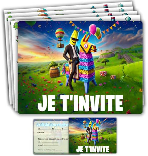 roxisha - Lot de 10 Cartes Invitation Anniversaire Thème Fortnite + Enveloppes - Garçon et Ado - Carte Postale 10,4 x 14,8 cm - Préremplies en Français - Idéal pour Fête et Goûter d'Anniversaire