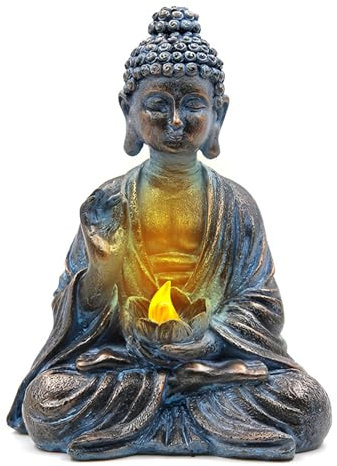 Tuzsocr Statues solaires de jardin Bouddha - Figurine de Bouddha en méditation - Décoration avec lumières LED lotus, statue de Bouddha zen pour l'extérieur, en résine, assis - Lampes solaires