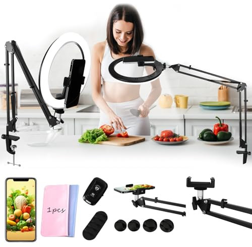 TAVADA Ringlicht Mit Stativ,Handy Overhead Stativ 10,Dimmbares LED-Ringlicht,RGB Ring Light,Tisch Selfie Licht Ringleuchte Lichtring für Videoaufnahmen,Makeup,Tik Tok,Kompatibel mit Smartphone