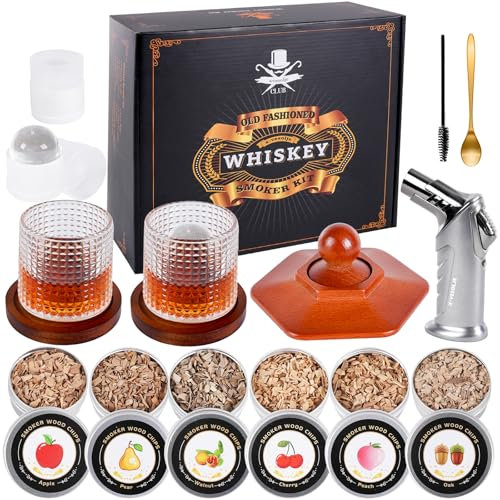 Whiskey Smoker Kit with Torch - 6 Flavors Wood Chips, 2 Rotatable Whiskey Glasses, 2 Ice Ball Molds - Cocktail Smoker Infuser Kit, Old Fashioned Smoker Kit, Birthday Gifts for Men, Dad(NO Butane)