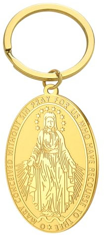 TEAMER Porte-clés Médaille Miraculeuse de la Vierge Marie Pendentif Médaillon Mère Marie en acier inoxydable Bijoux Talisman de Foi Religieuse pour Femmes et Hommes (Or)