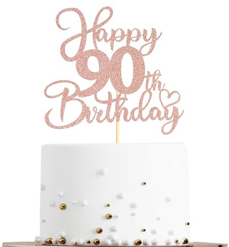 Sotpot 1 Pack 90th Birthday Cake Topper Double-sided Rose Gold Glitter Cake Pick Cake Decoration for Happy 90th Birthday Anniversary Party Decorations