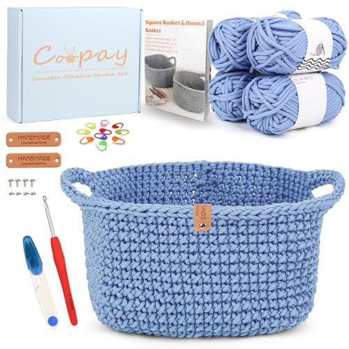 Coopay Häkelset für Anfänger, Square Körbe Häkel Set mit Häkelanleitung, DIY Häkelset für Körbe Häkeln Lernen mit Häkelnadel 4,5mm, Dicke Häkelgarn, Anfänger Häkelset für Körbe - Blau