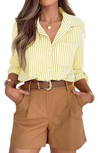 Women's Striped Button Down Shirts Casual Long Sleeve Lapel Neck Tops Elegant Office Work Tunic Blouses UK
