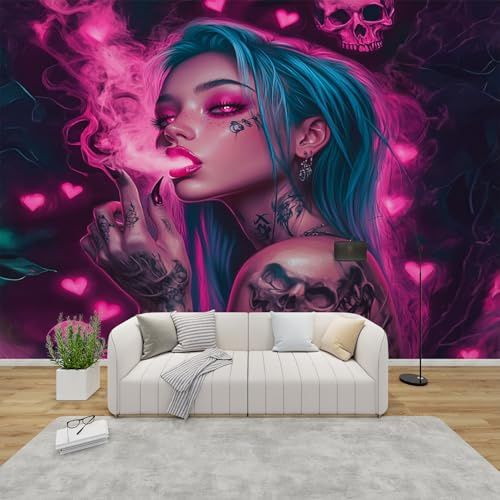 AevuCub Anime Girl Wallpaper for Living Room - Neon Game Room Wall Murals for Bedrooms, Skull Wall Art, Non-Woven Photo Wallpaper 3D Effect, 350x256 cm